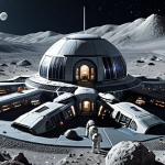 **A futuristic space colony on the Moon, depicted in a style reminiscent of a Turkish science fiction novel cover. Include elements of both nature and advanced technology, suggesting a harmonious coexistence.**