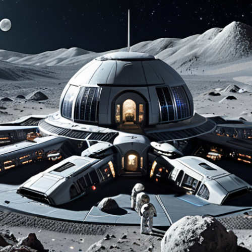 **A futuristic space colony on the Moon, depicted in a style reminiscent of a Turkish science fiction novel cover. Include elements of both nature and advanced technology, suggesting a harmonious coexistence.**