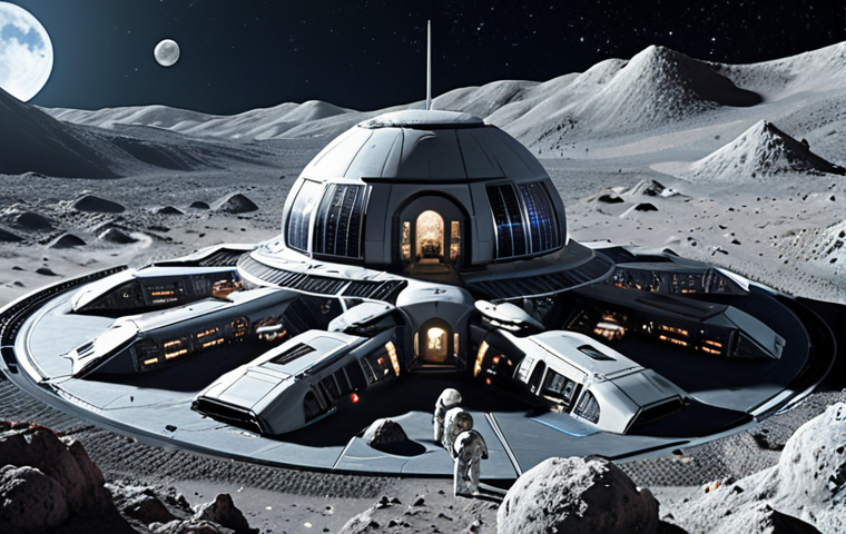 **A futuristic space colony on the Moon, depicted in a style reminiscent of a Turkish science fiction novel cover. Include elements of both nature and advanced technology, suggesting a harmonious coexistence.**